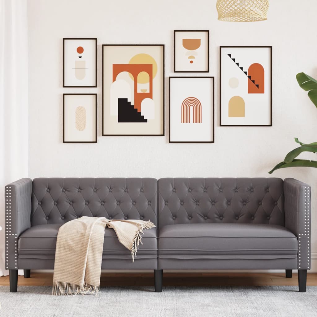 vidaXL Sofa Chesterfield, 3-os., szara, tapicerowana sztuczną skórą