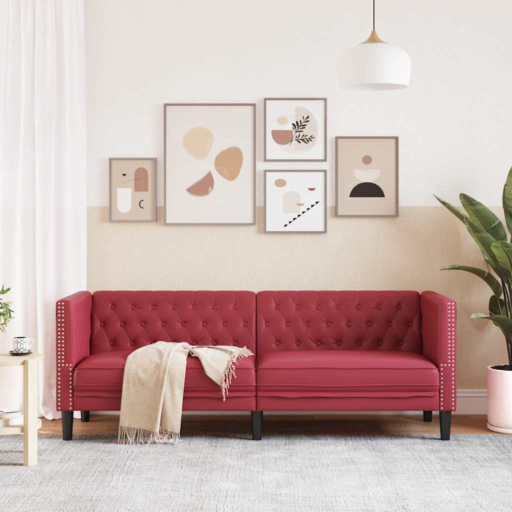 vidaXL Sofa Chesterfield, 3-os., bordowa, tapicerowana sztuczną skórą