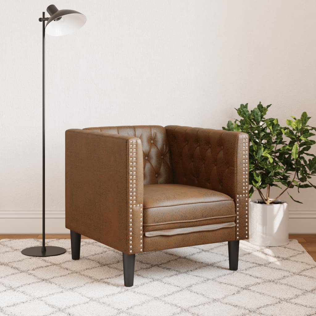 vidaXL Fotel Chesterfield, brązowy, sztuczna skóra zamszowa