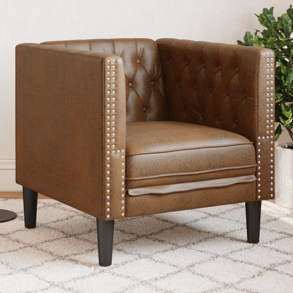 vidaXL Fotel Chesterfield, brązowy, sztuczna skóra zamszowa