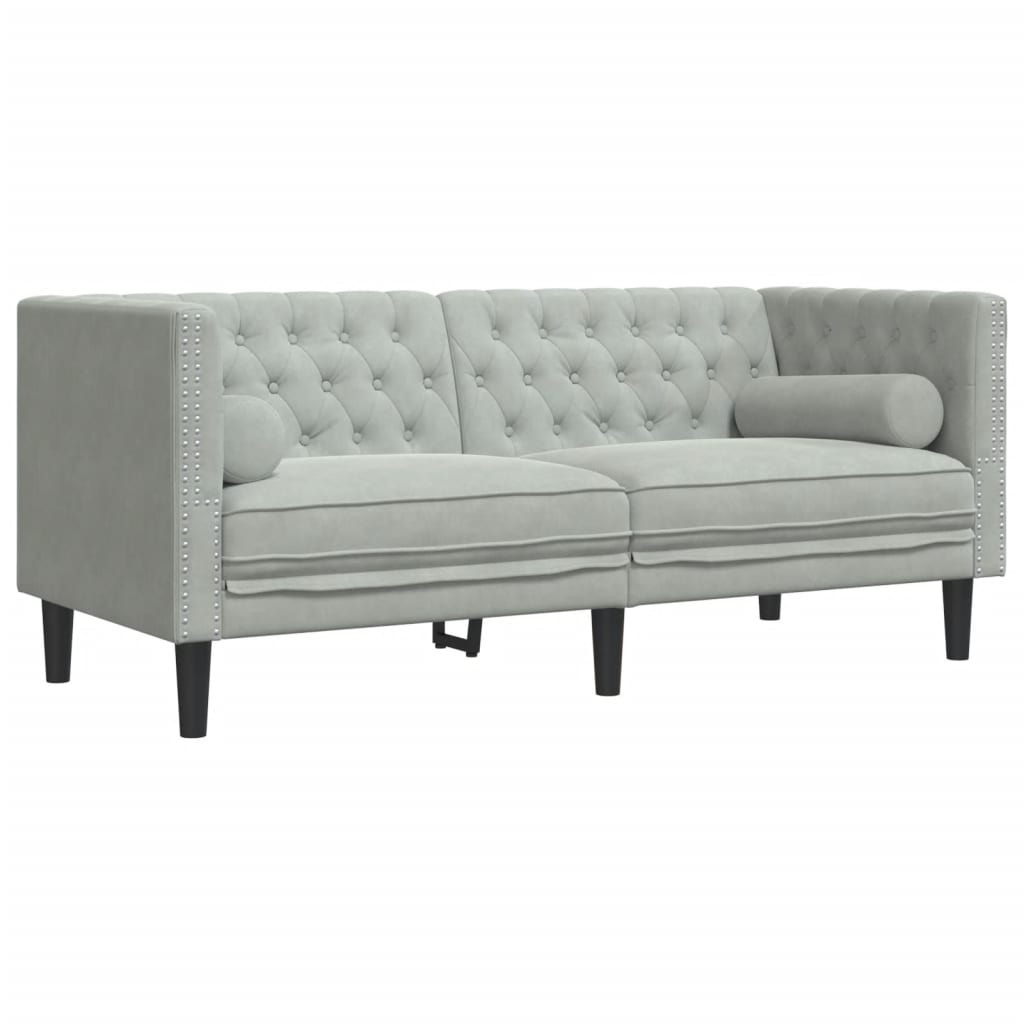 vidaXL Sofa Chesterfield z wałkami, dwuosobowa, jasnoszara, aksamit