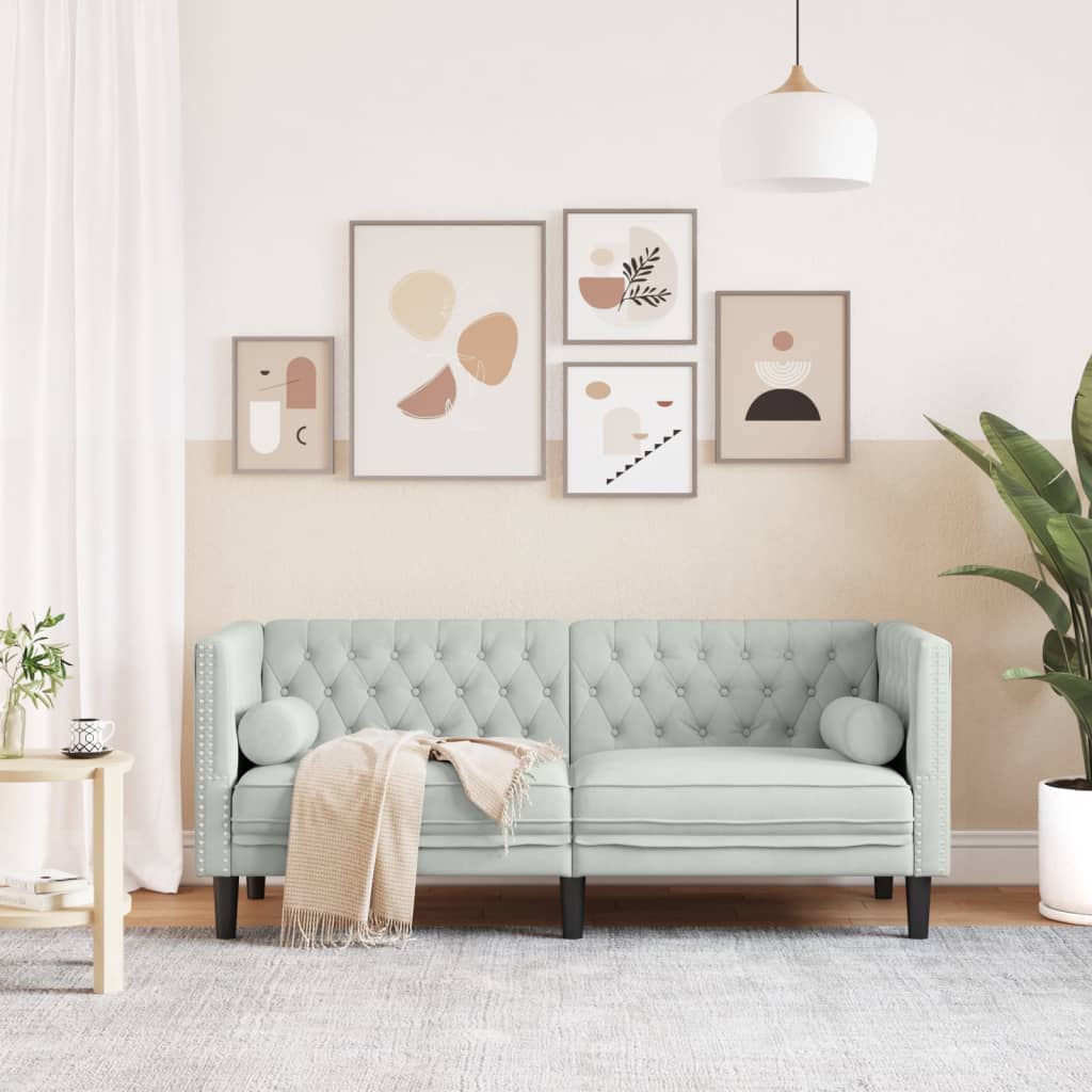 vidaXL Sofa Chesterfield z wałkami, dwuosobowa, jasnoszara, aksamit