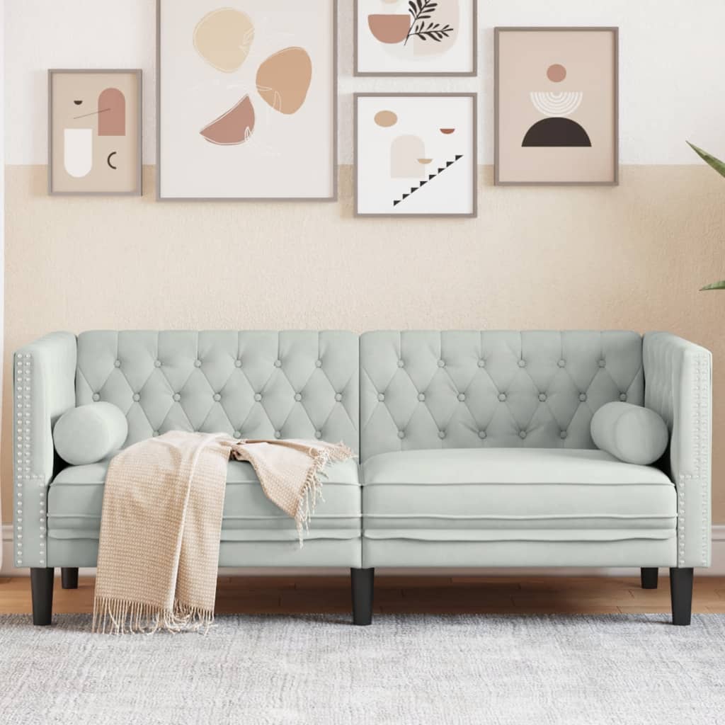 vidaXL Sofa Chesterfield z wałkami, dwuosobowa, jasnoszara, aksamit