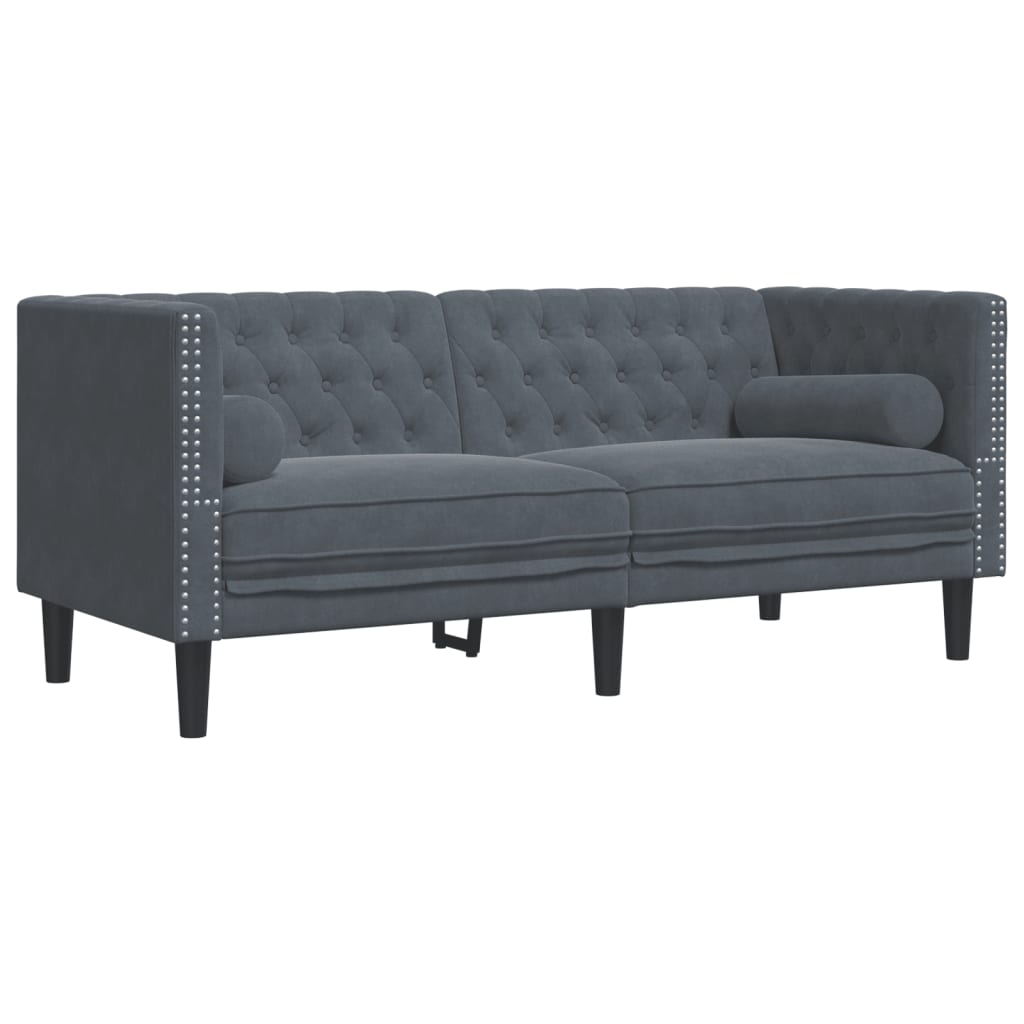 vidaXL Sofa Chesterfield z wałkami, dwuosobowa, ciemnoszara, aksamit