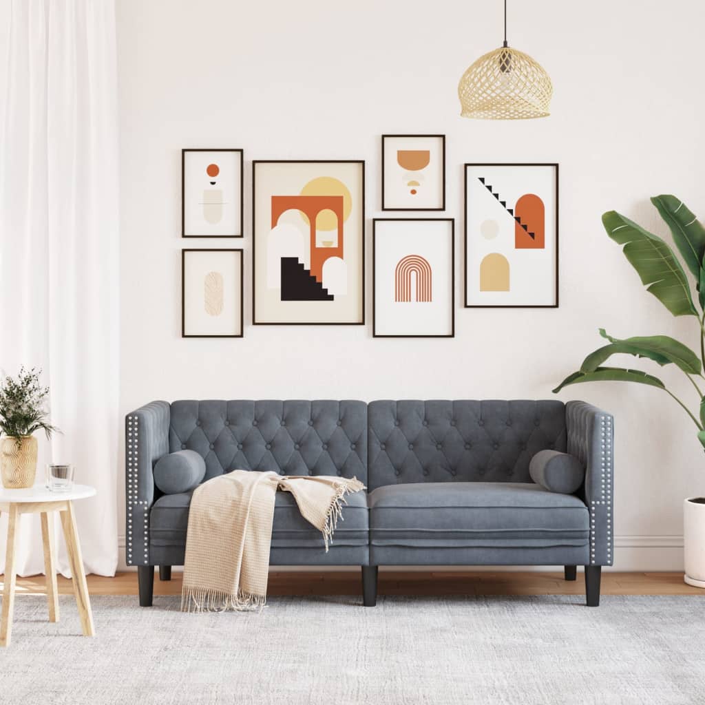 vidaXL Sofa Chesterfield z wałkami, dwuosobowa, ciemnoszara, aksamit