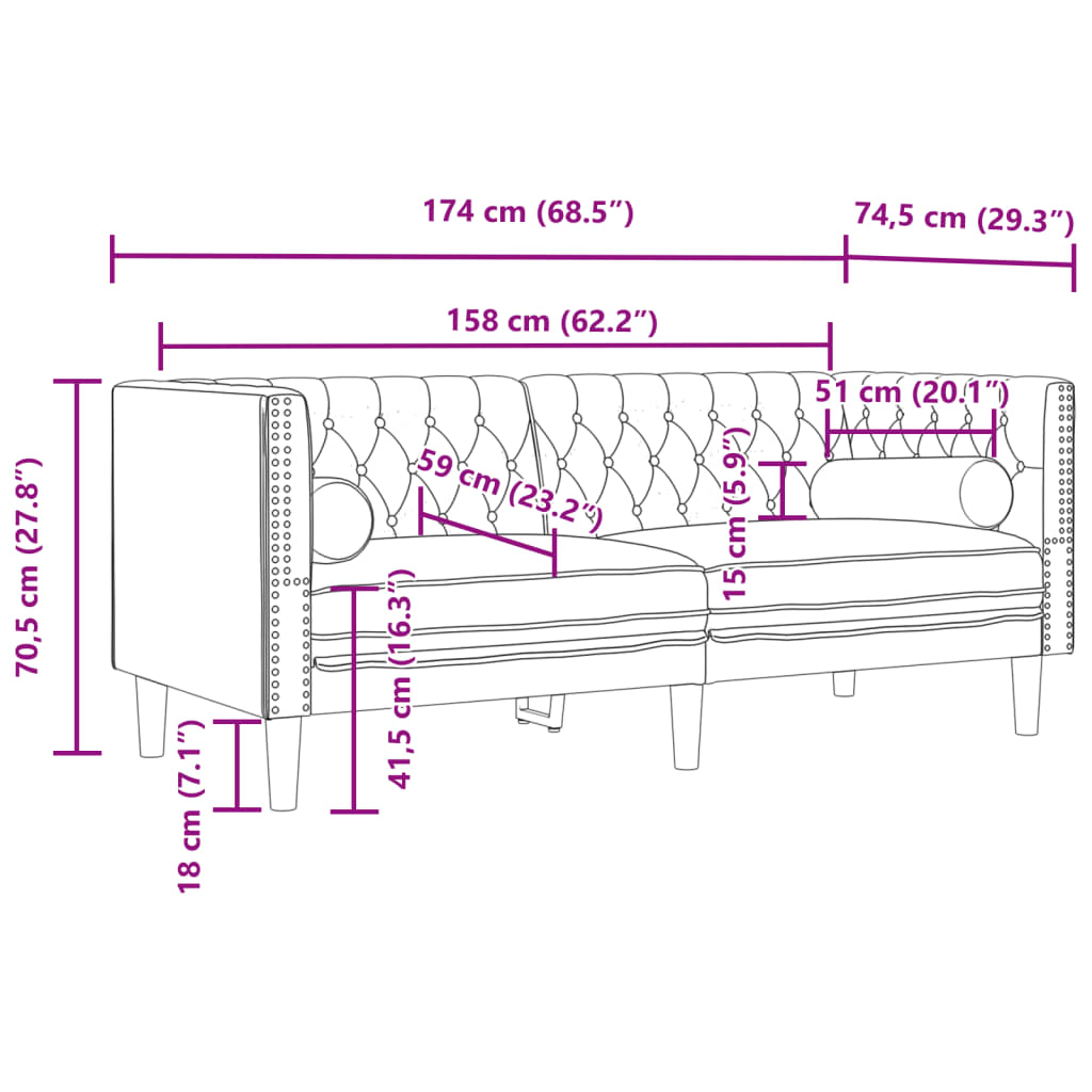 vidaXL Sofa Chesterfield z wałkami, dwuosobowa, ciemnoszara, aksamit