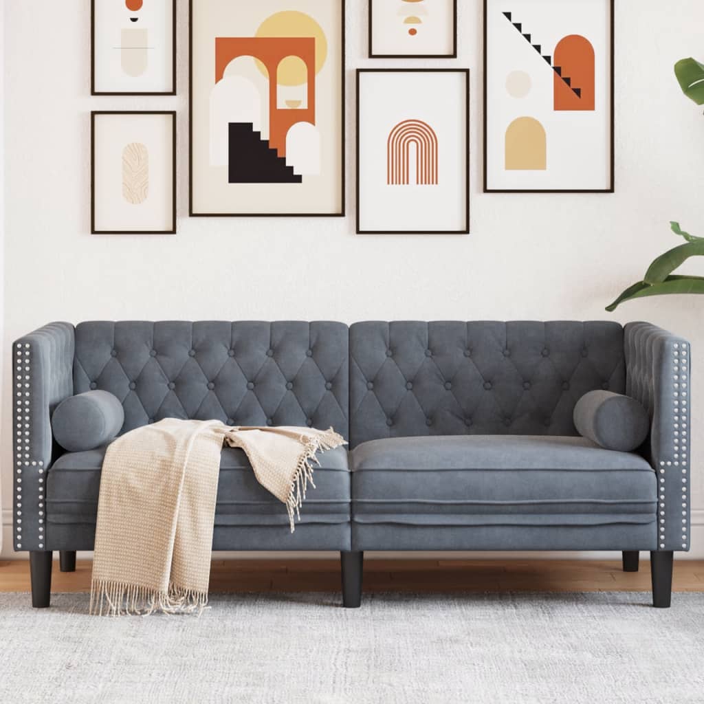 vidaXL Sofa Chesterfield z wałkami, dwuosobowa, ciemnoszara, aksamit