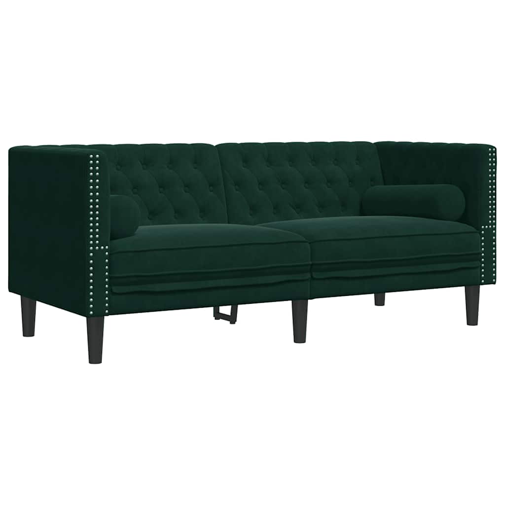 vidaXL Sofa Chesterfield z wałkami, dwuosobowa, ciemnozielona, aksamit