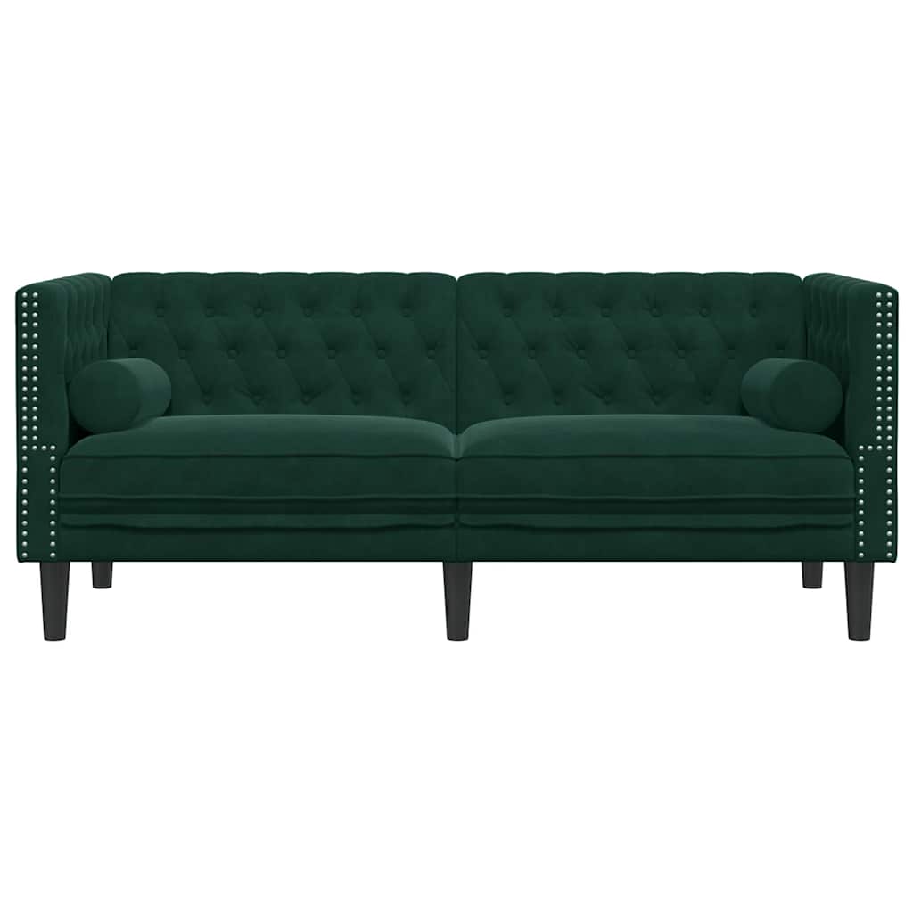 vidaXL Sofa Chesterfield z wałkami, dwuosobowa, ciemnozielona, aksamit