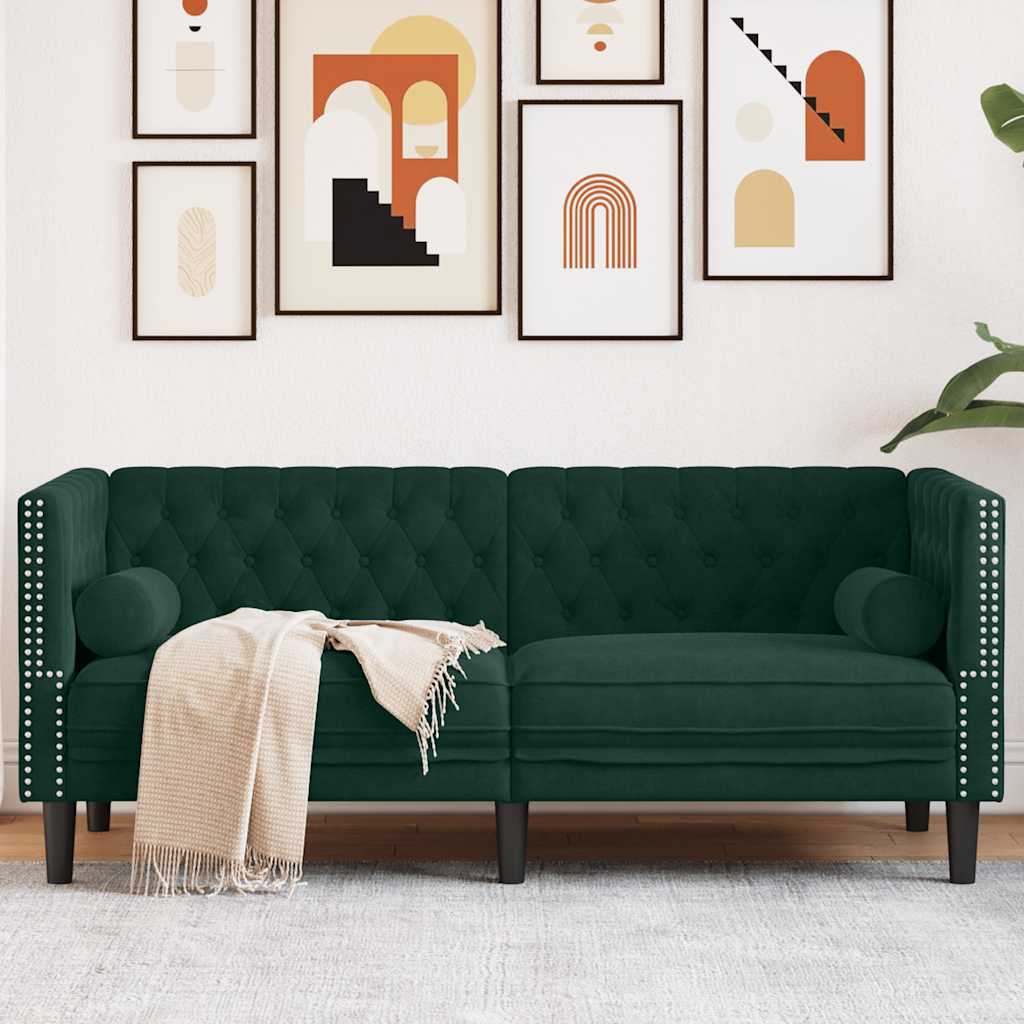 vidaXL Sofa Chesterfield z wałkami, dwuosobowa, ciemnozielona, aksamit