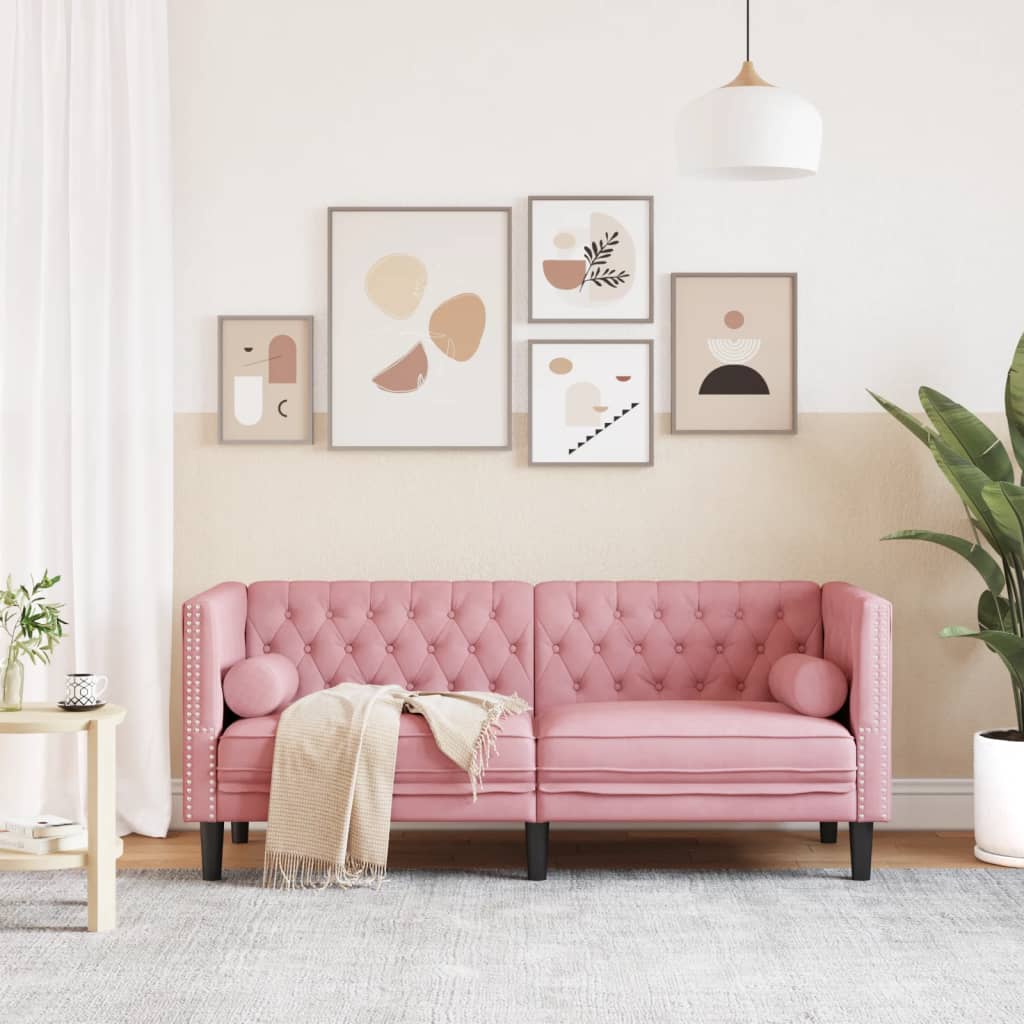 vidaXL Sofa Chesterfield z wałkami, dwuosobowa, różowa, aksamit