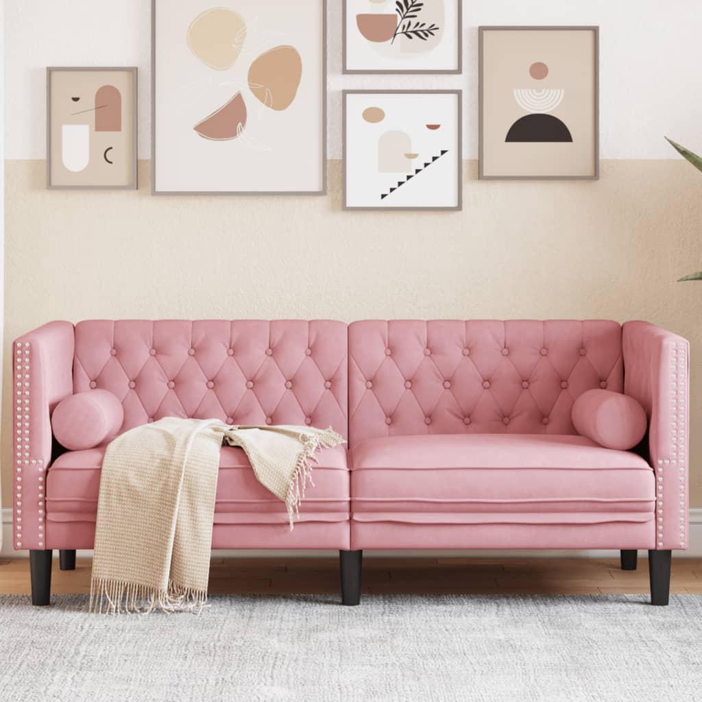 vidaXL Sofa Chesterfield z wałkami, dwuosobowa, różowa, aksamit
