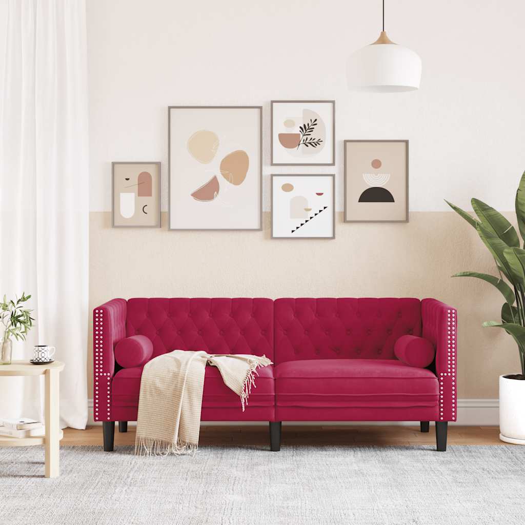 vidaXL Sofa Chesterfield z wałkami, dwuosobowa, bordowa, aksamit