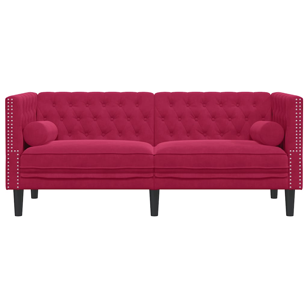 vidaXL Sofa Chesterfield z wałkami, dwuosobowa, bordowa, aksamit
