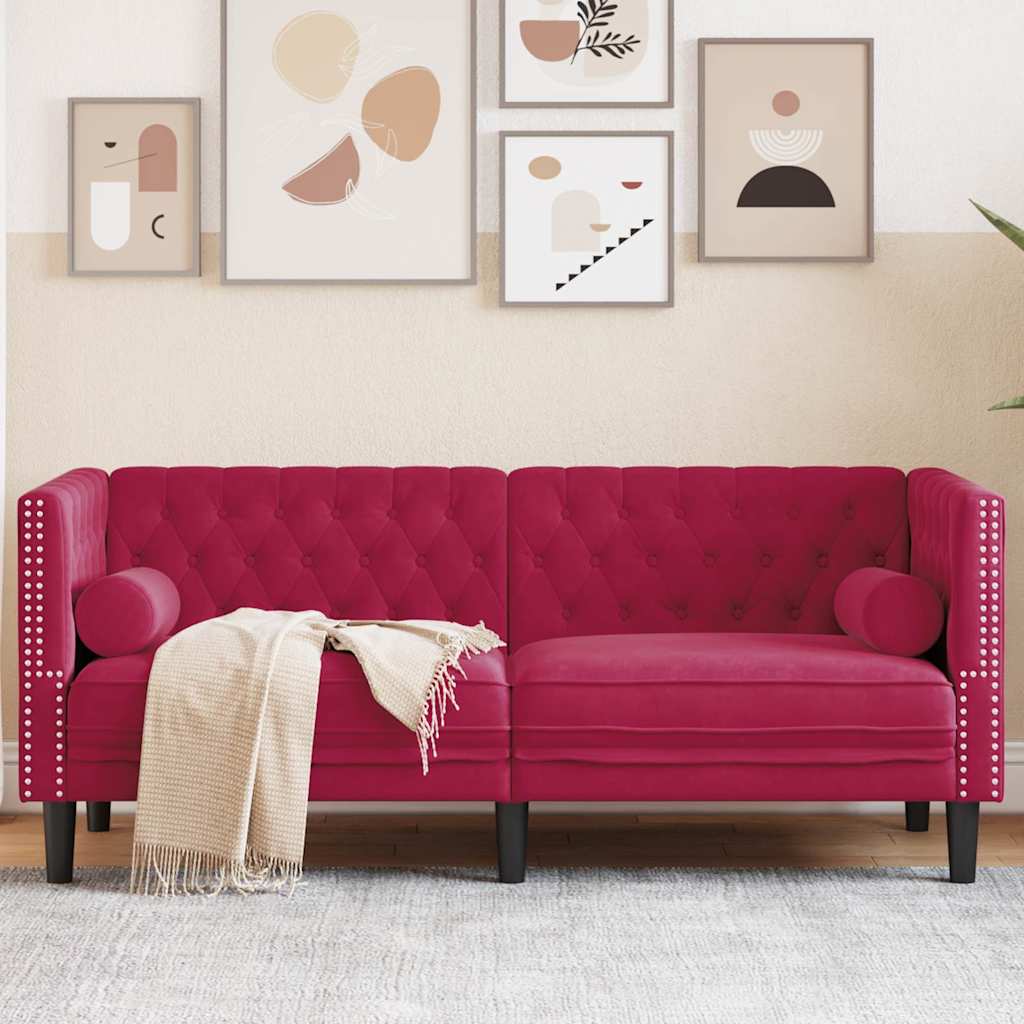 vidaXL Sofa Chesterfield z wałkami, dwuosobowa, bordowa, aksamit