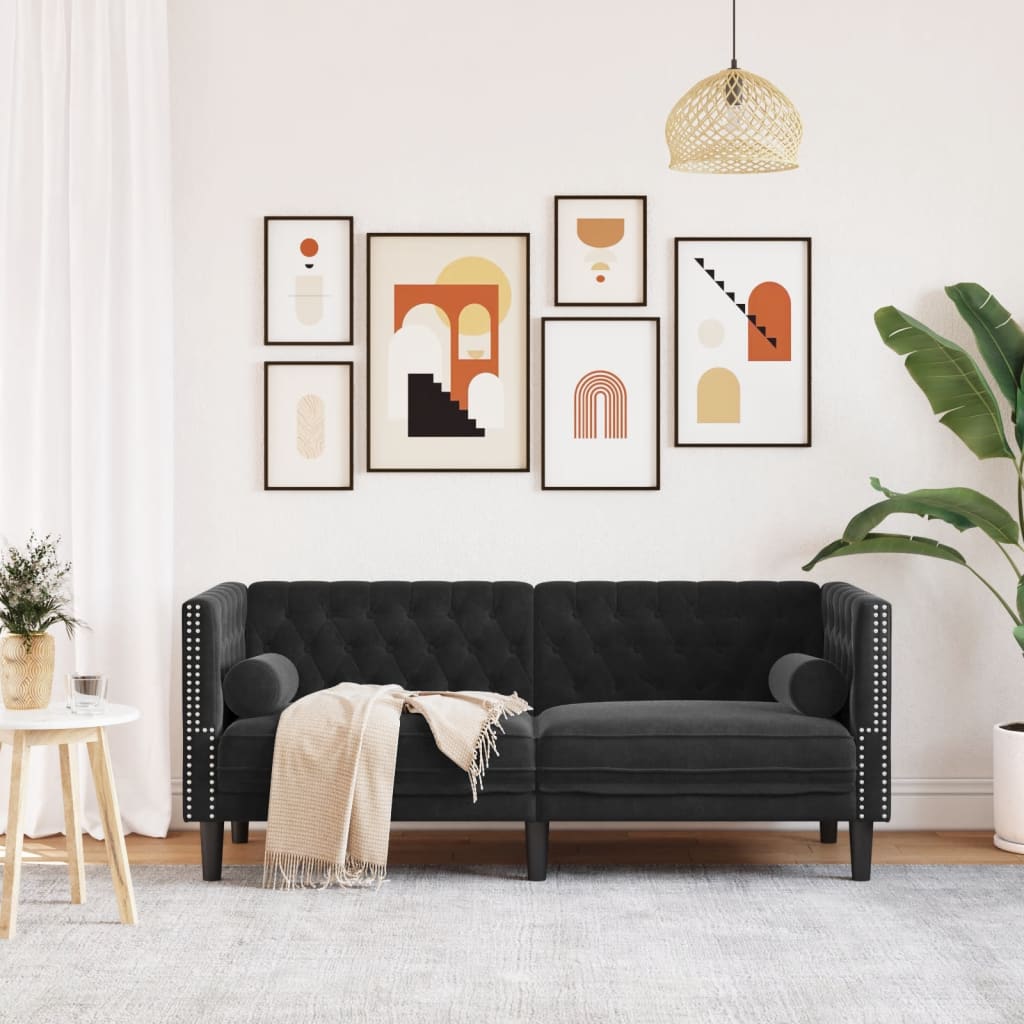 vidaXL Sofa Chesterfield z wałkami, dwuosobowa, czarna, aksamit