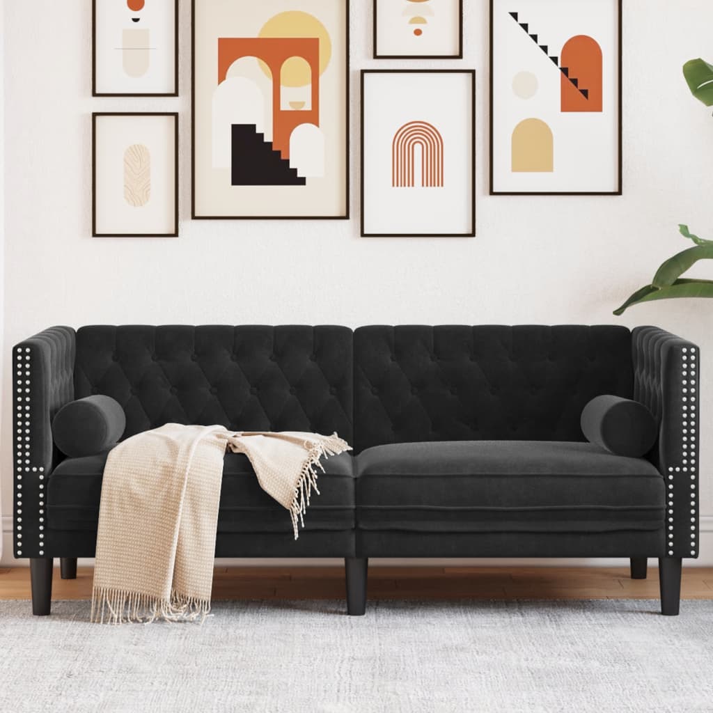 vidaXL Sofa Chesterfield z wałkami, dwuosobowa, czarna, aksamit