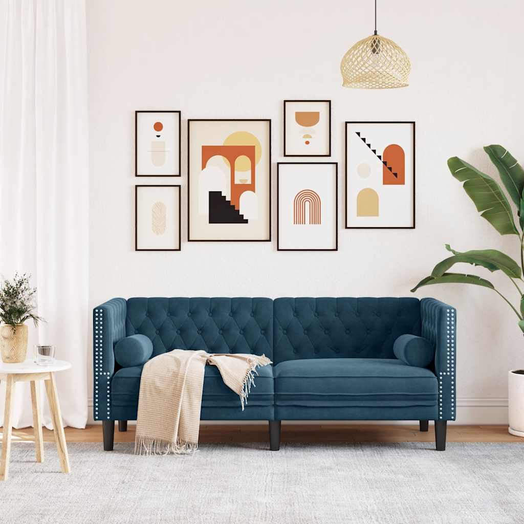 vidaXL Sofa Chesterfield z wałkami, dwuosobowa, niebieska, aksamit