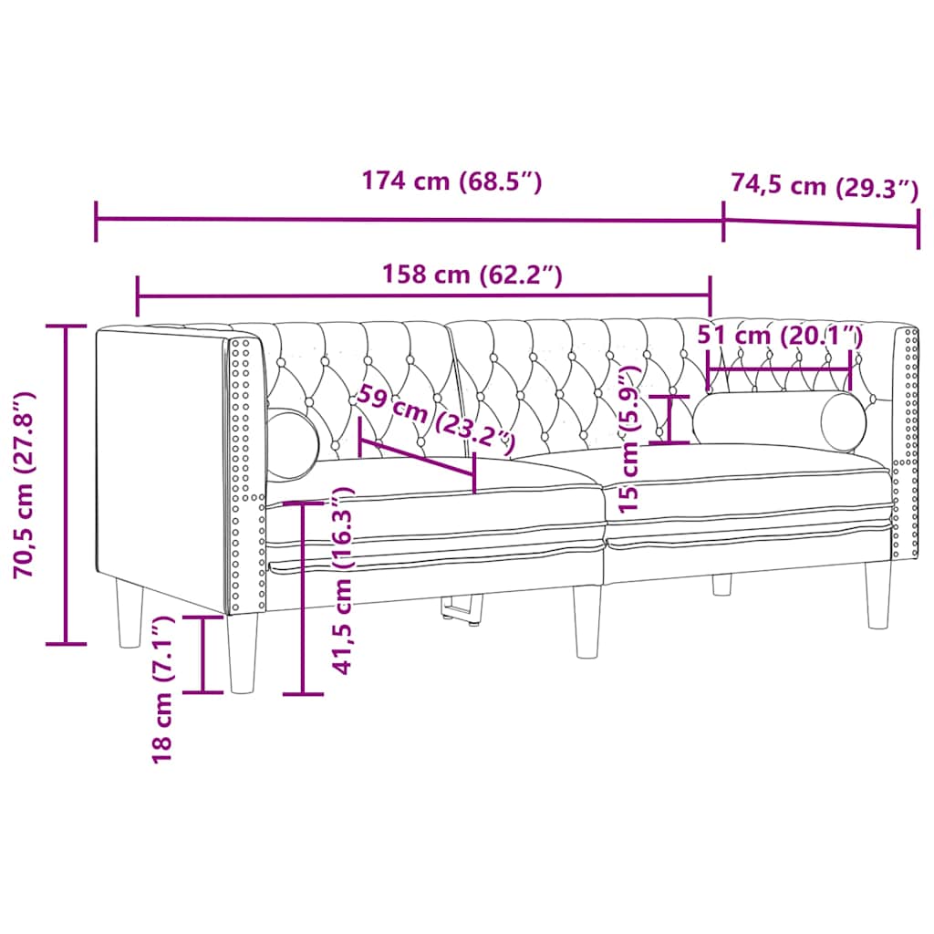 vidaXL Sofa Chesterfield z wałkami, dwuosobowa, niebieska, aksamit