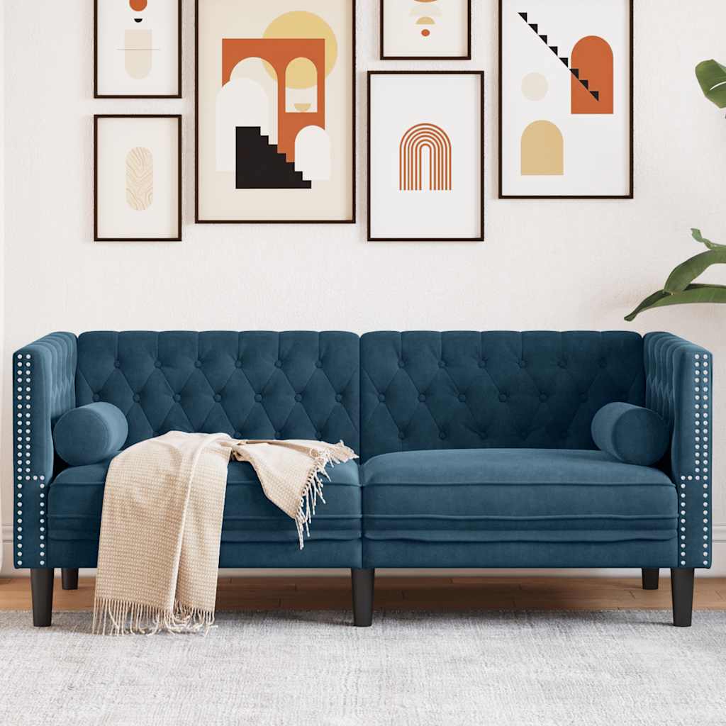 vidaXL Sofa Chesterfield z wałkami, dwuosobowa, niebieska, aksamit