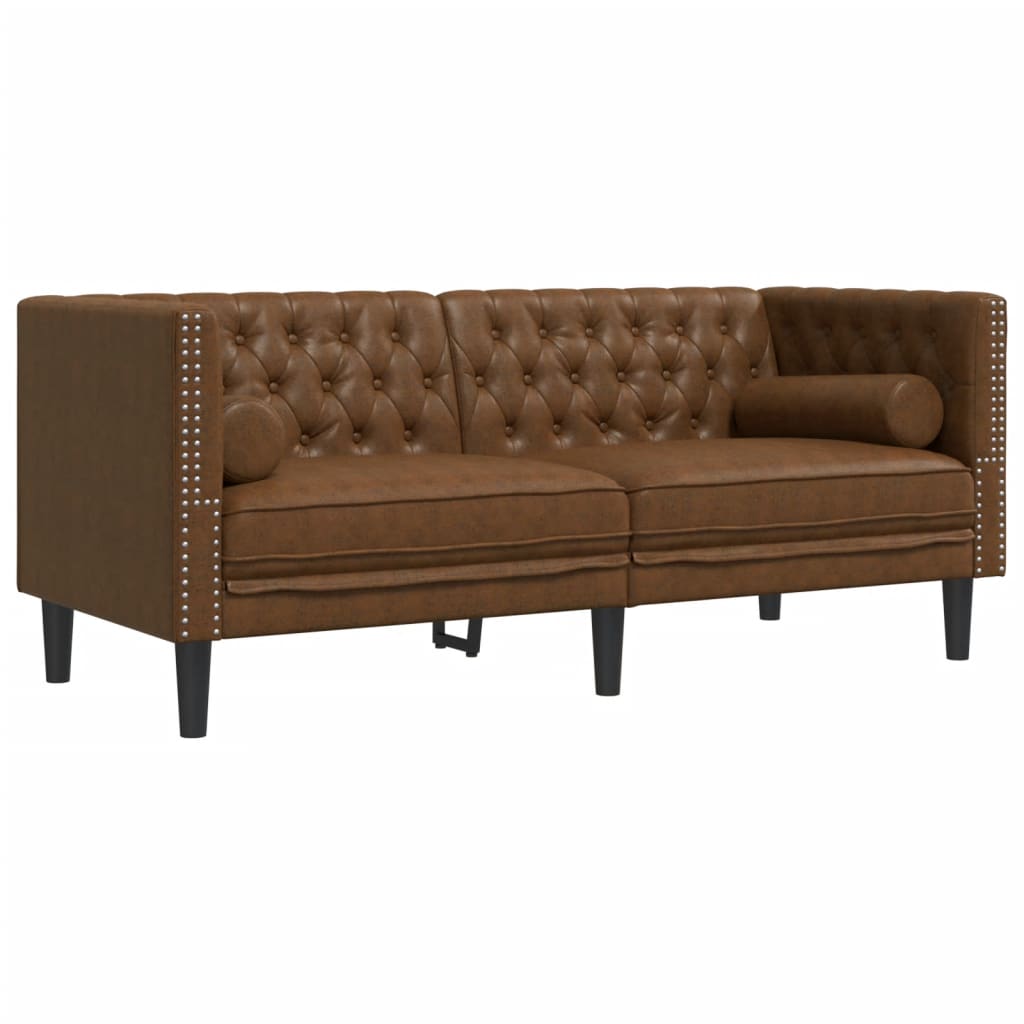 vidaXL Sofa Chesterfield z wałkami, 2-os., brązowa, sztuczny zamsz