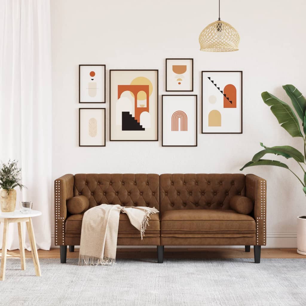 vidaXL Sofa Chesterfield z wałkami, 2-os., brązowa, sztuczny zamsz
