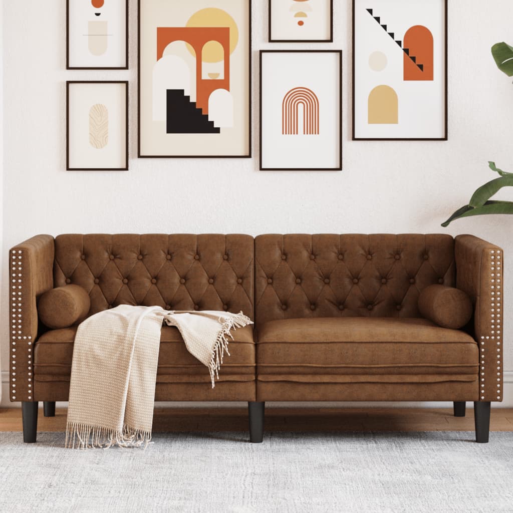 vidaXL Sofa Chesterfield z wałkami, 2-os., brązowa, sztuczny zamsz