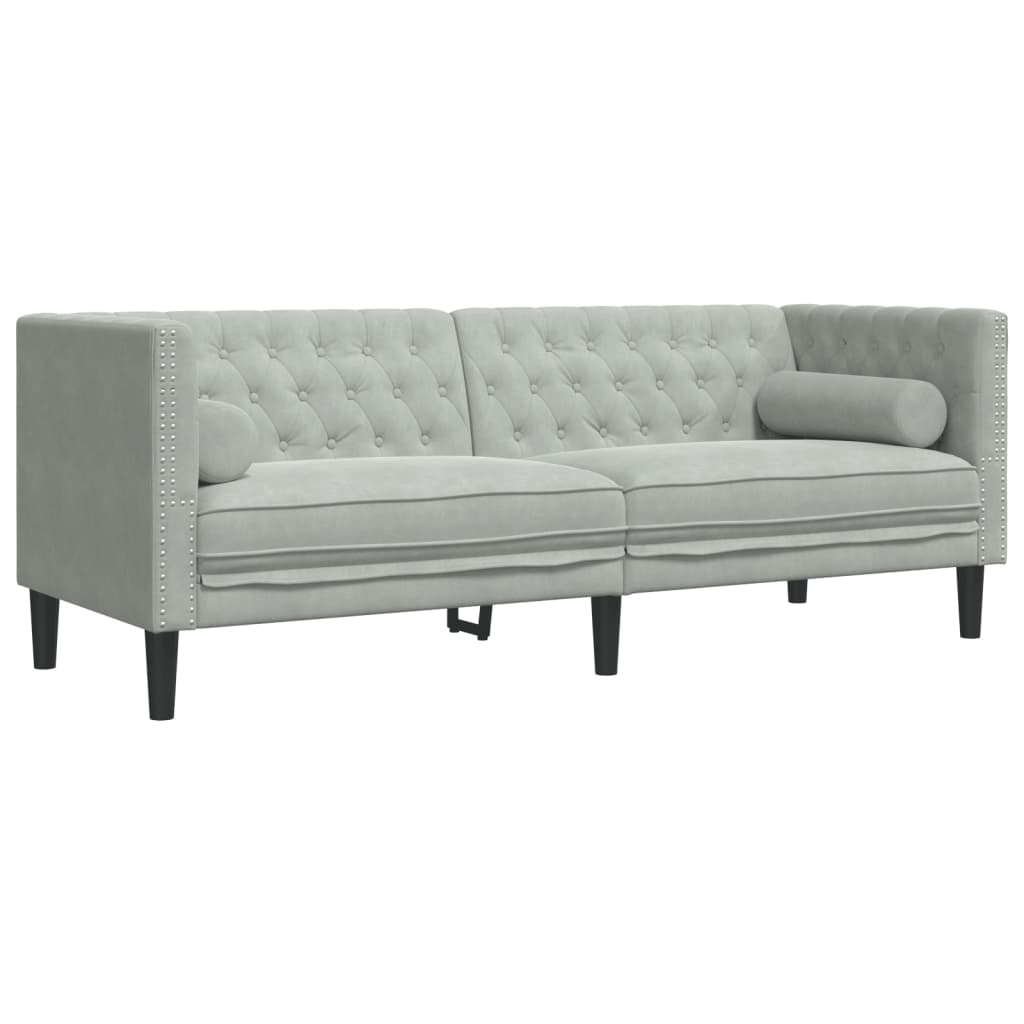 vidaXL Sofa Chesterfield z wałkami, trzyosobowa, jasnoszara, aksamit