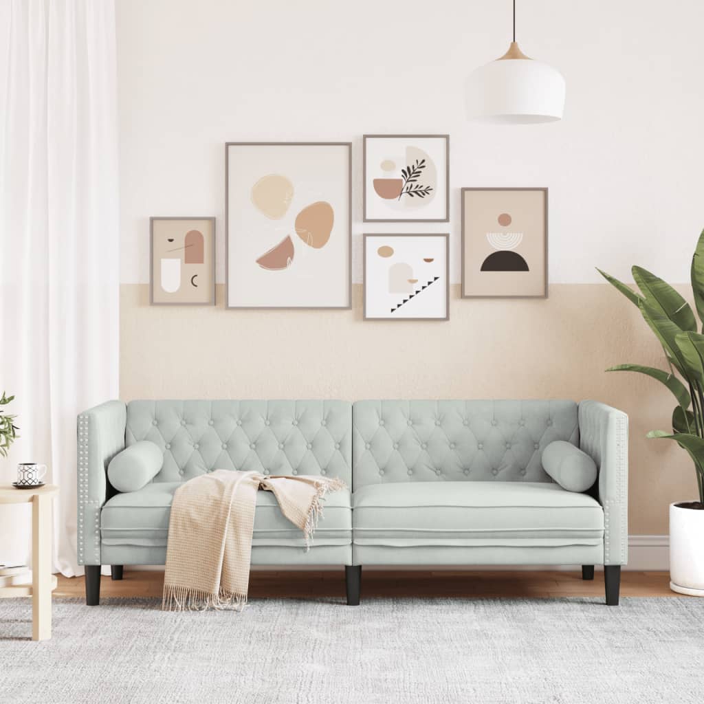 vidaXL Sofa Chesterfield z wałkami, trzyosobowa, jasnoszara, aksamit