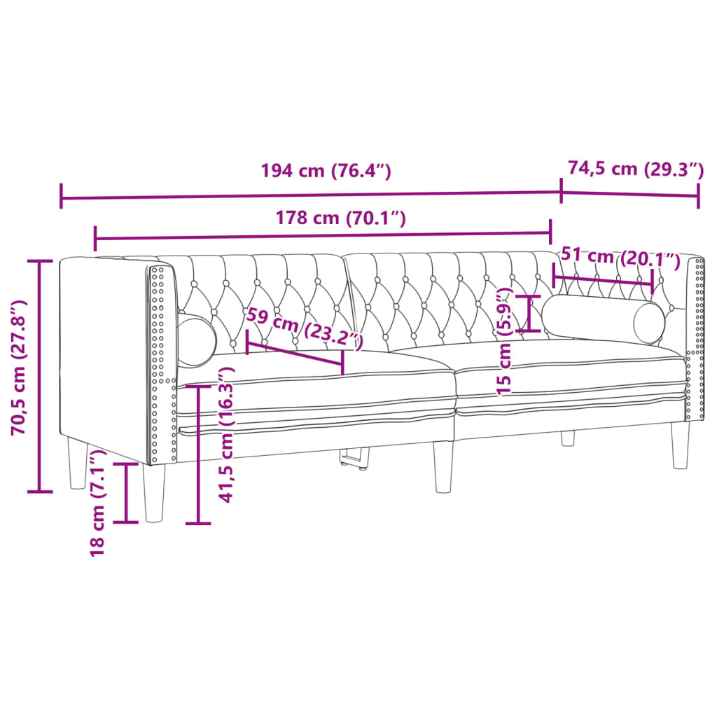 vidaXL Sofa Chesterfield z wałkami, trzyosobowa, jasnoszara, aksamit
