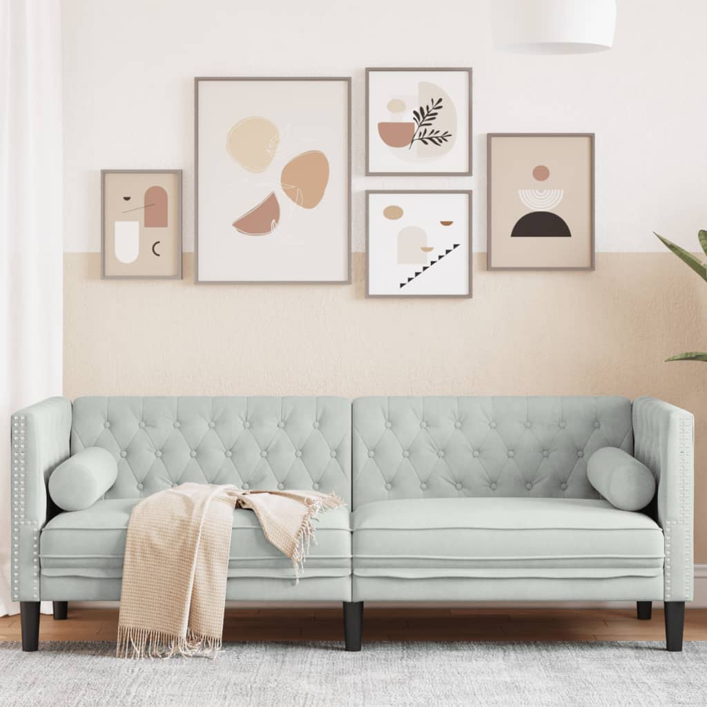 vidaXL Sofa Chesterfield z wałkami, trzyosobowa, jasnoszara, aksamit