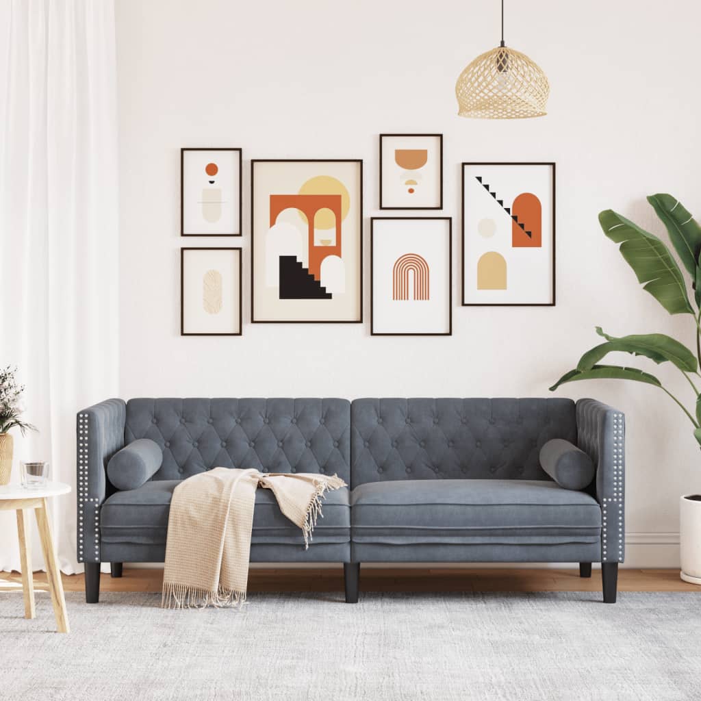 vidaXL Sofa Chesterfield z wałkami, trzyosobowa, ciemnoszara, aksamit