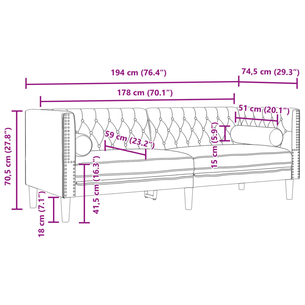 vidaXL Sofa Chesterfield z wałkami, trzyosobowa, ciemnoszara, aksamit