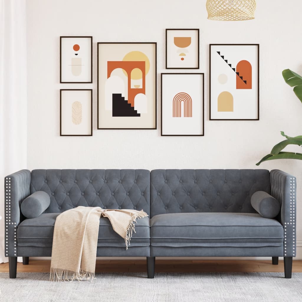 vidaXL Sofa Chesterfield z wałkami, trzyosobowa, ciemnoszara, aksamit