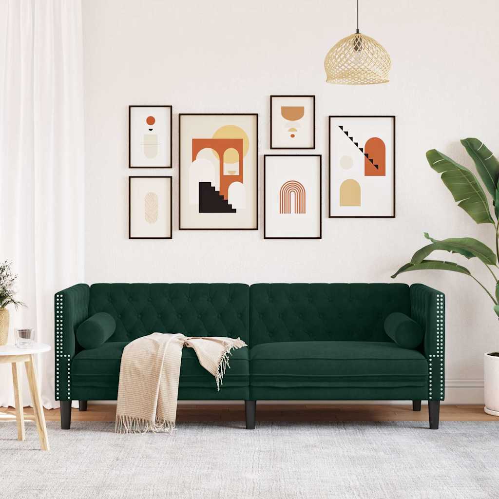vidaXL Sofa Chesterfield z wałkami, 3-osobowa, ciemnozielona, aksamit