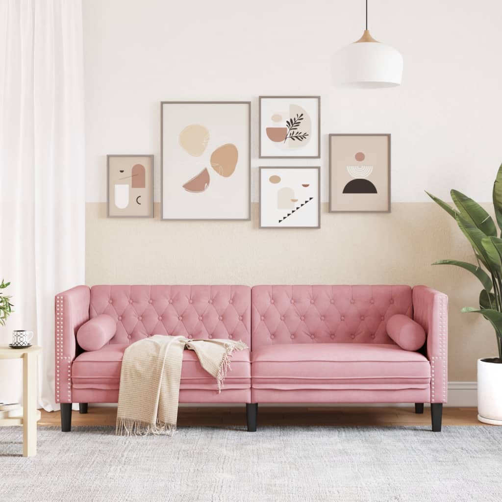 vidaXL Sofa Chesterfield z wałkami, trzyosobowa, różowa, aksamit