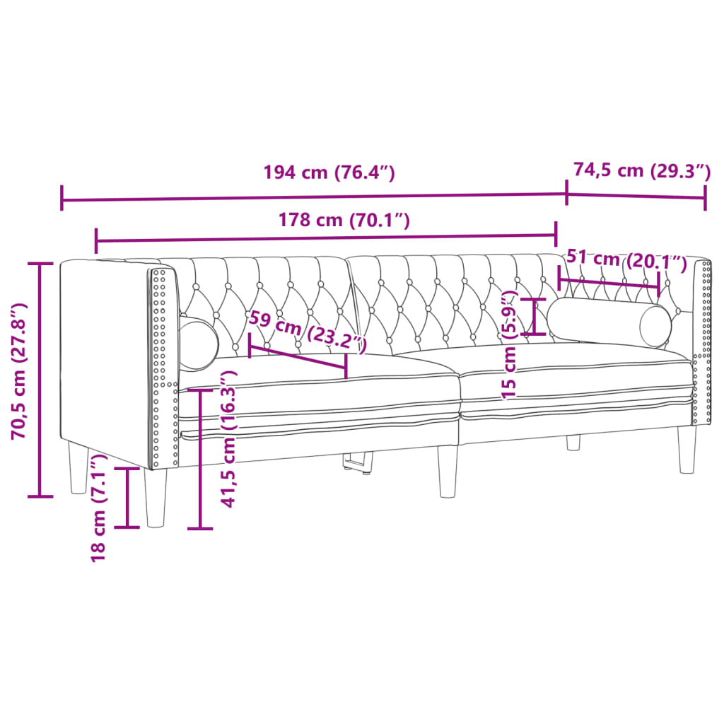 vidaXL Sofa Chesterfield z wałkami, trzyosobowa, różowa, aksamit