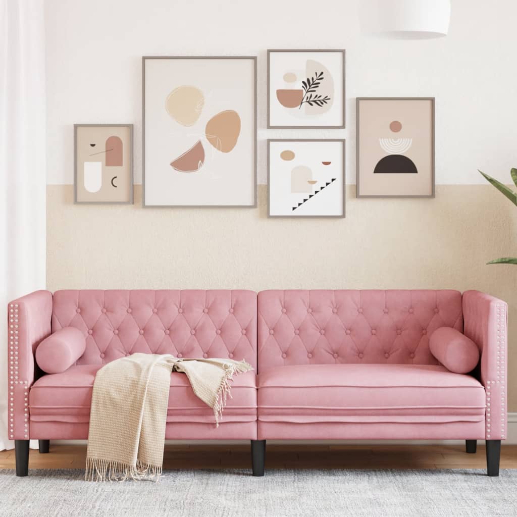 vidaXL Sofa Chesterfield z wałkami, trzyosobowa, różowa, aksamit