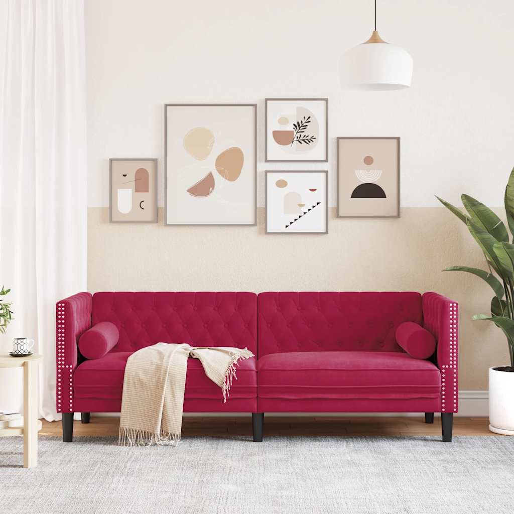 vidaXL Sofa Chesterfield z wałkami, trzyosobowa, bordowa, aksamit