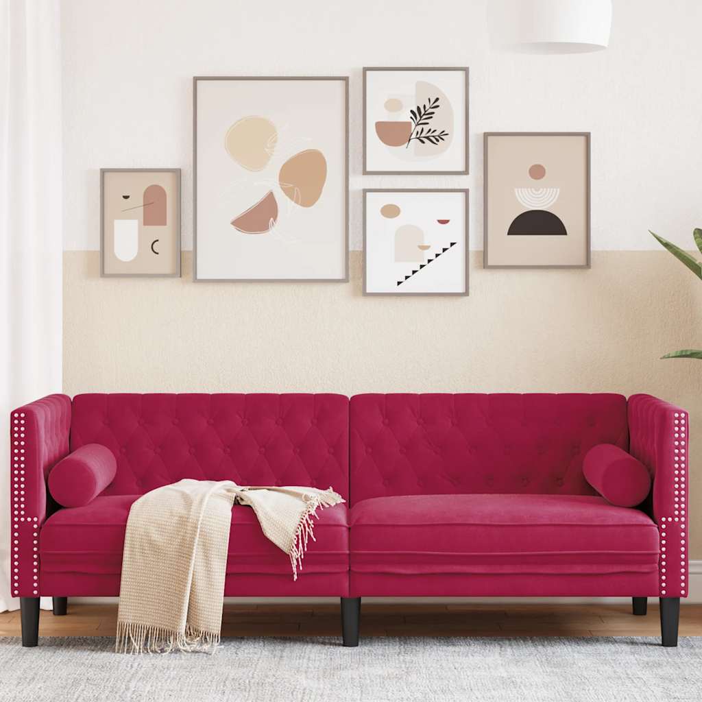 vidaXL Sofa Chesterfield z wałkami, trzyosobowa, bordowa, aksamit