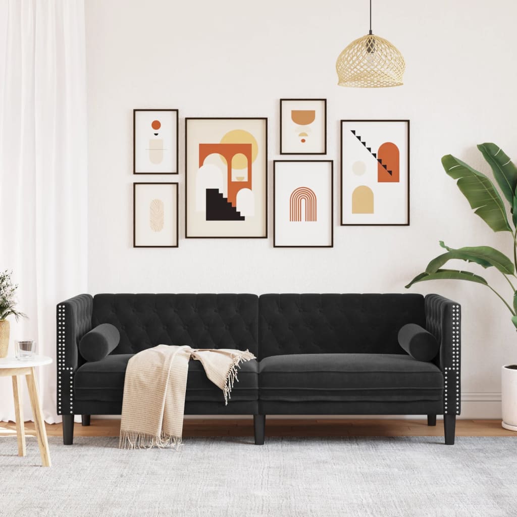 vidaXL Sofa Chesterfield z wałkami, trzyosobowa, czarna, aksamit