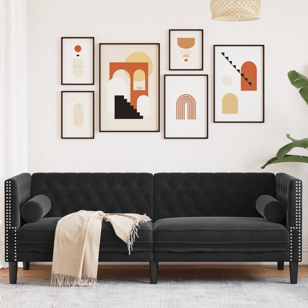 vidaXL Sofa Chesterfield z wałkami, trzyosobowa, czarna, aksamit
