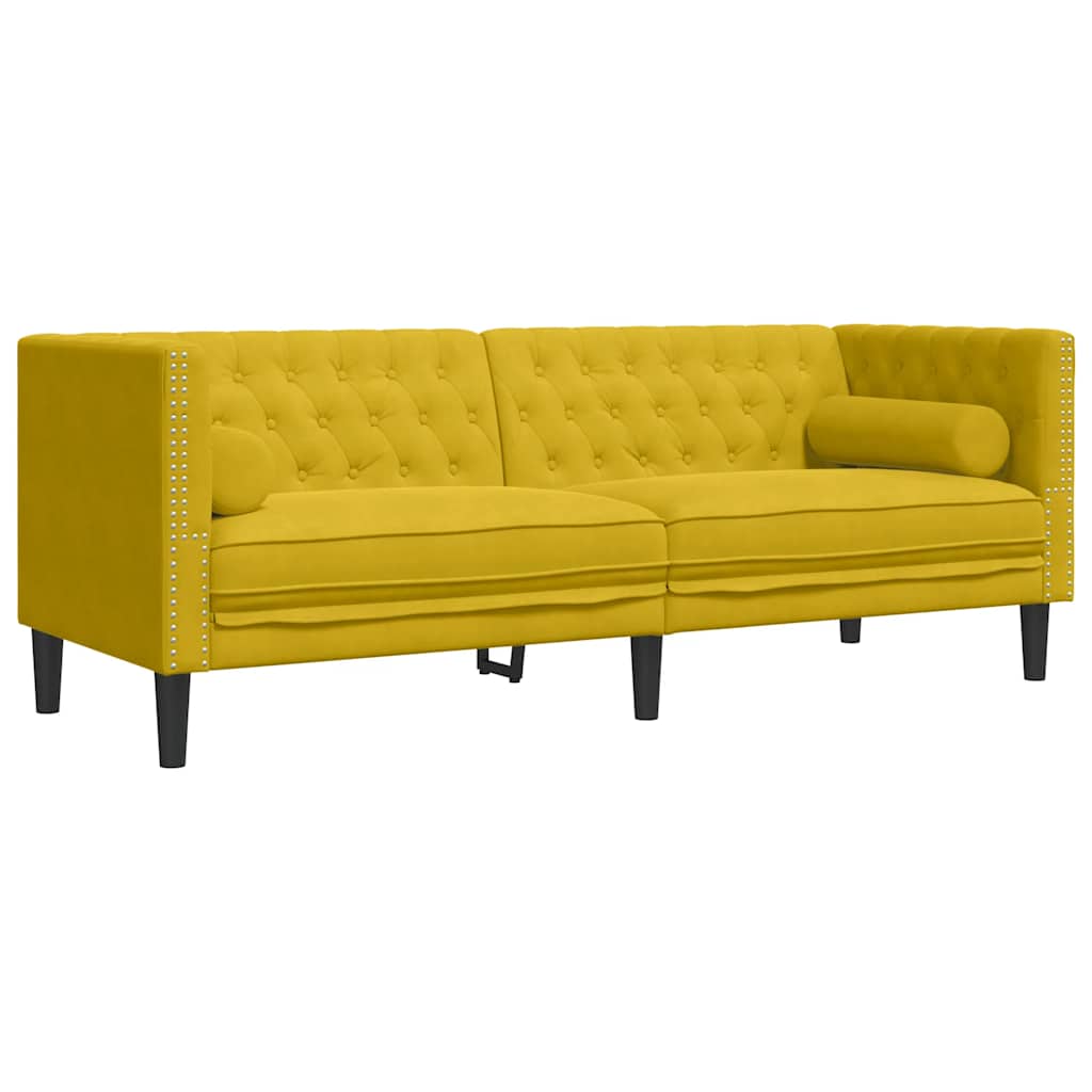 vidaXL Sofa Chesterfield z wałkami, trzyosobowa, żółta, aksamit