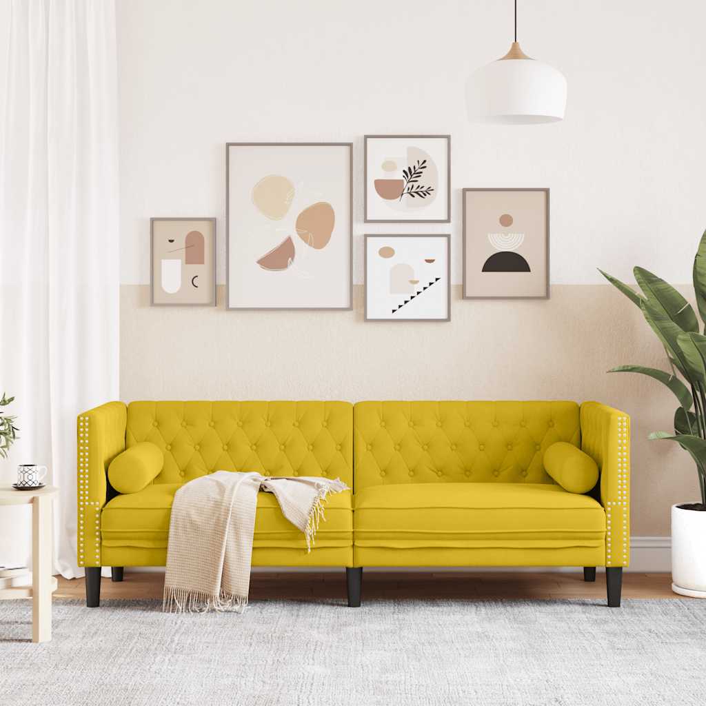 vidaXL Sofa Chesterfield z wałkami, trzyosobowa, żółta, aksamit