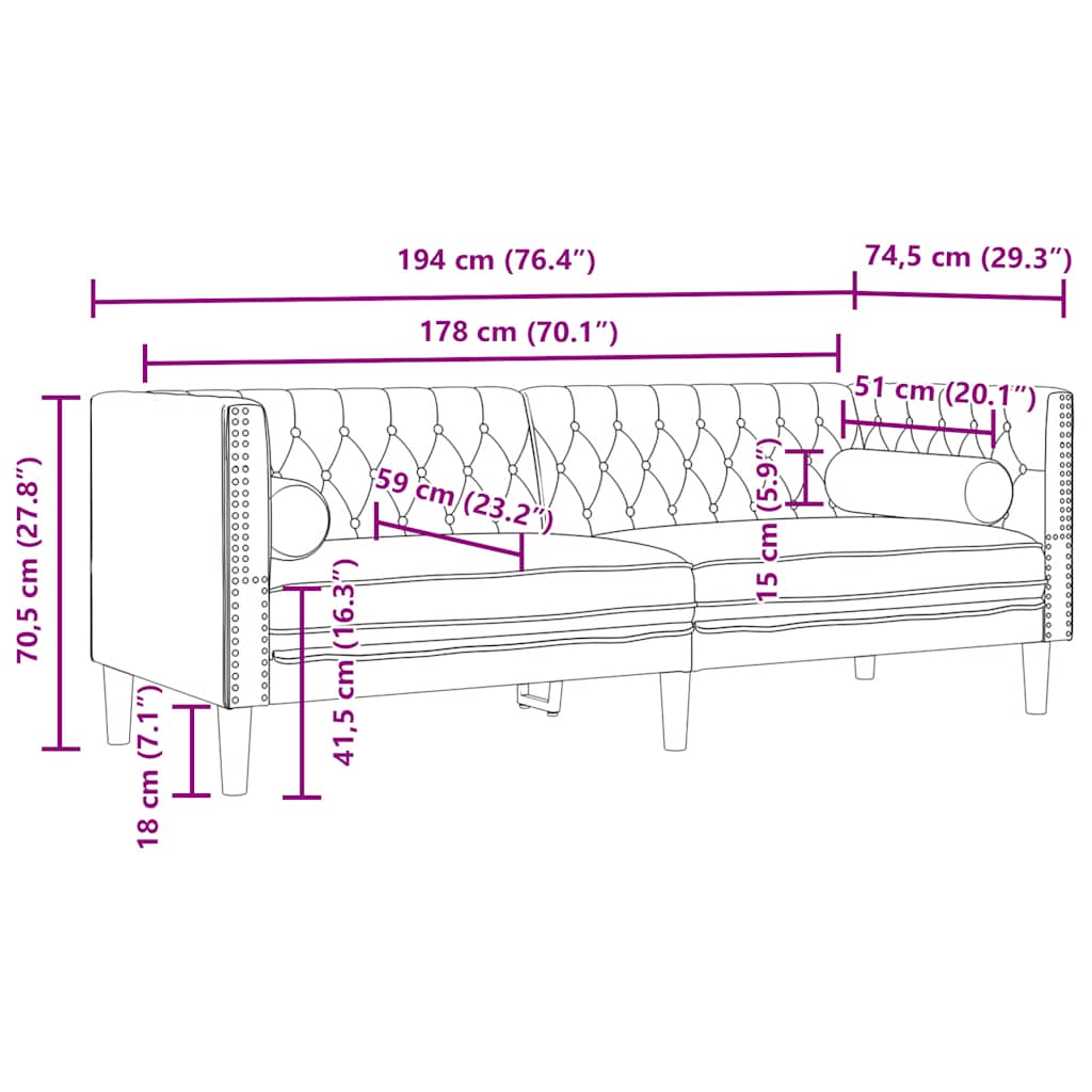 vidaXL Sofa Chesterfield z wałkami, trzyosobowa, żółta, aksamit