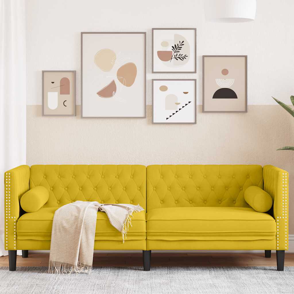 vidaXL Sofa Chesterfield z wałkami, trzyosobowa, żółta, aksamit