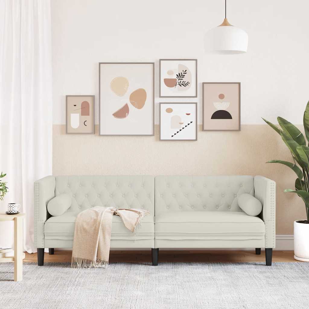 vidaXL Sofa Chesterfield z wałkami, trzyosobowa, kremowa, aksamit