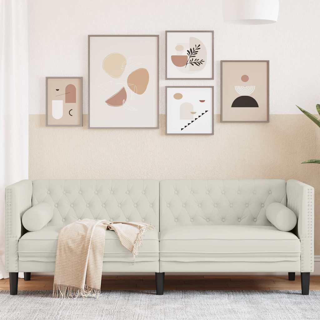 vidaXL Sofa Chesterfield z wałkami, trzyosobowa, kremowa, aksamit