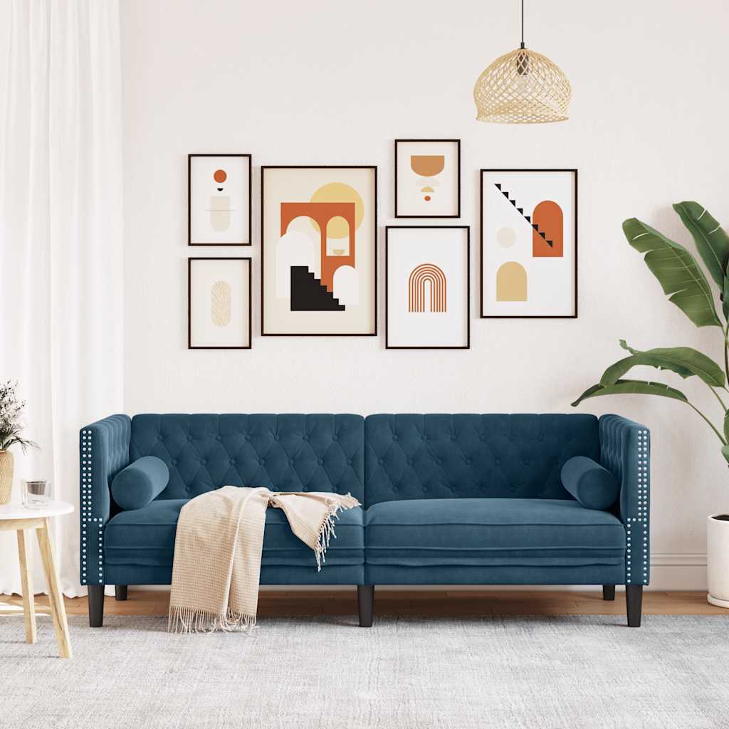 vidaXL Sofa Chesterfield z wałkami, trzyosobowa, niebieska, aksamit