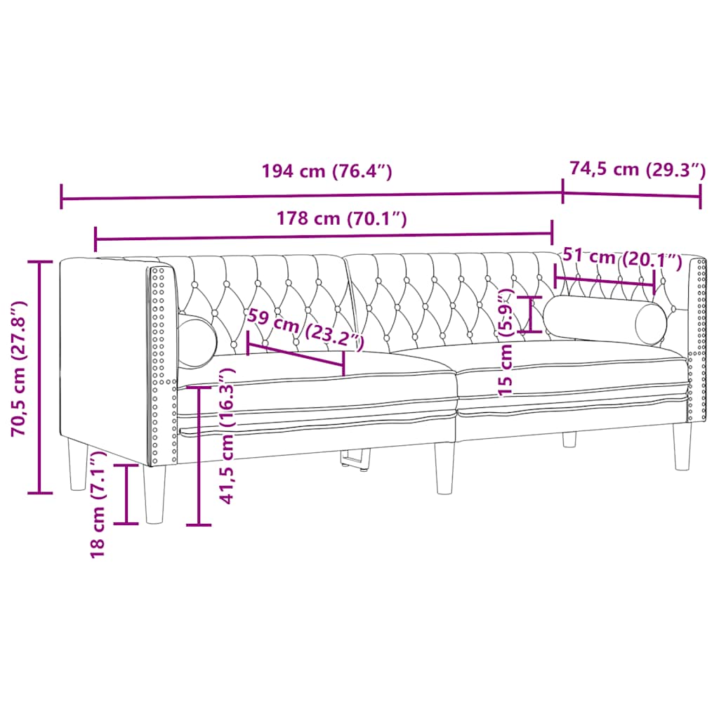 vidaXL Sofa Chesterfield z wałkami, trzyosobowa, niebieska, aksamit